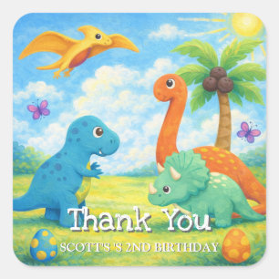Pegatina Cuadrada Cumpleaños de amigos dinosaurios coloridos lindos