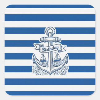 Pegatina Cuadrada Cumpleaños de Ancla a Rayas Náuticas