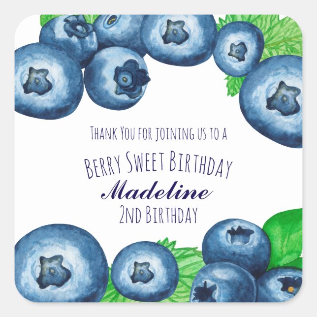Pegatina Cuadrada Cumpleaños de Arándanos Dulces  (Anverso)
