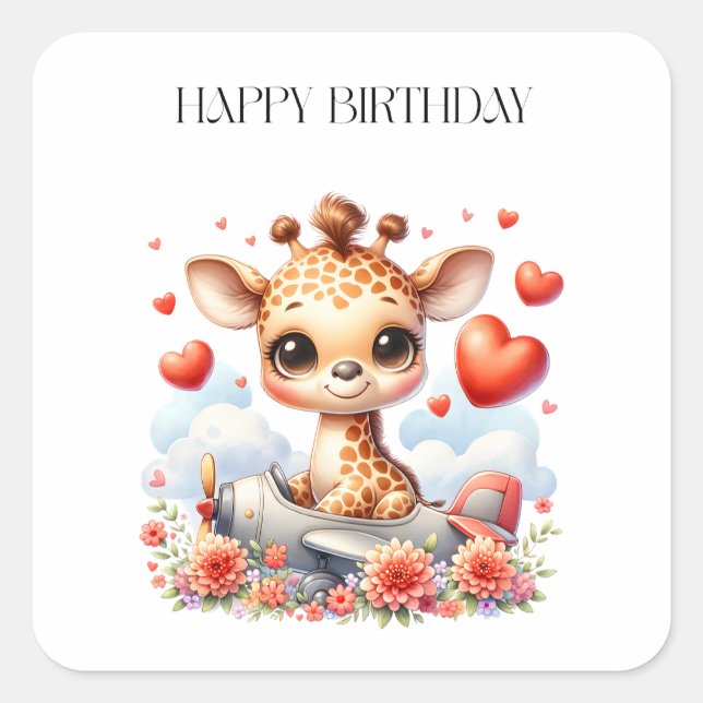 Pegatina Cuadrada Cumpleaños de Avión de Jirafa (Anverso)