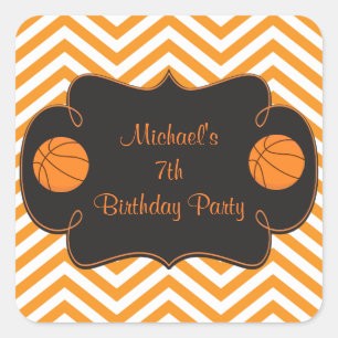 Pegatina Cuadrada Cumpleaños de Baloncesto Deportes Naranja