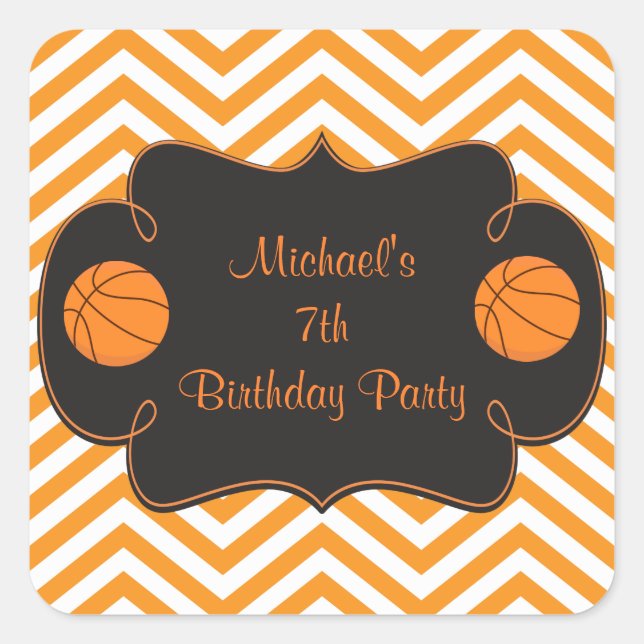 Pegatina Cuadrada Cumpleaños de Baloncesto Deportes Naranja (Anverso)