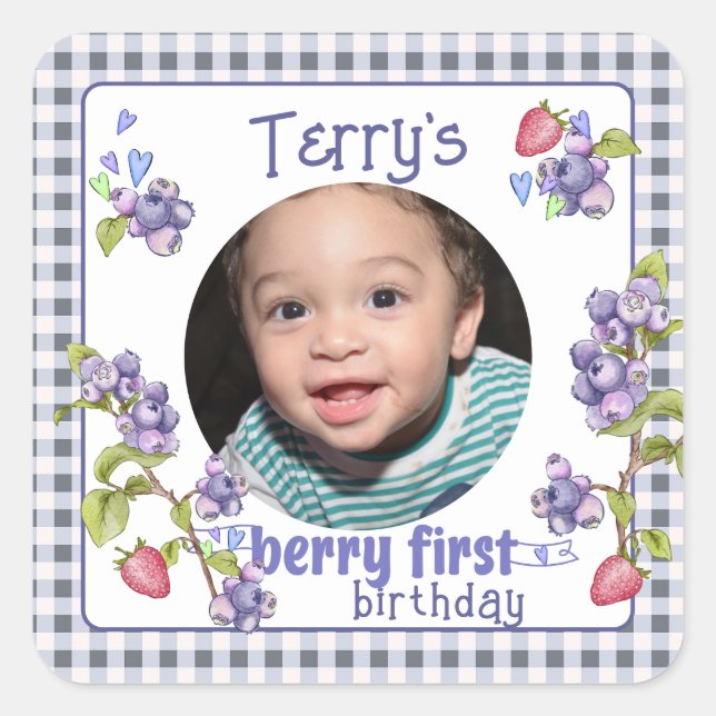Pegatina Cuadrada Cumpleaños de Berry First Boy (Anverso)