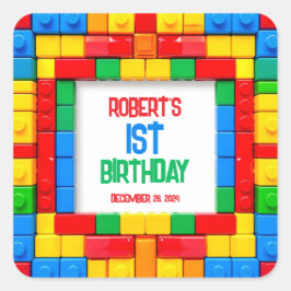 Pegatina Cuadrada Cumpleaños de Bloques de Construcción