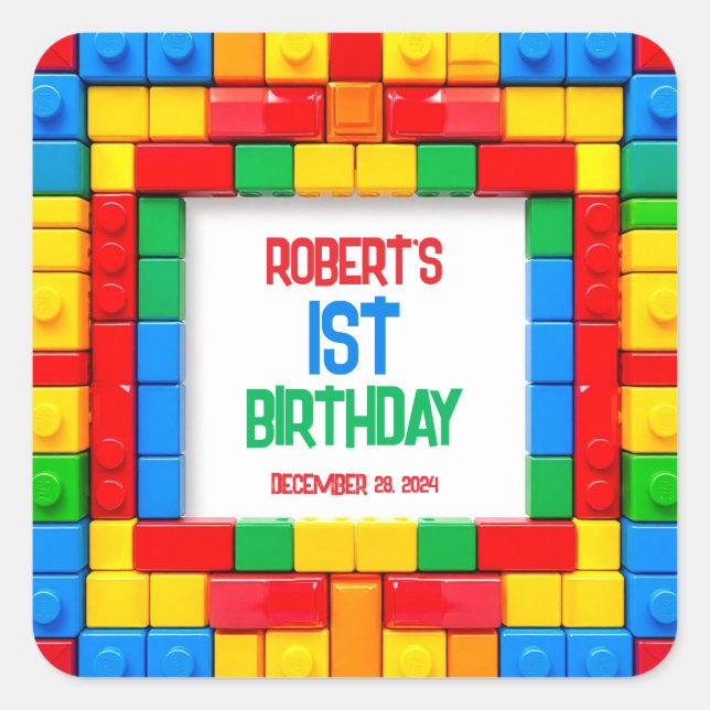 Pegatina Cuadrada Cumpleaños de Bloques de Construcción (Anverso)