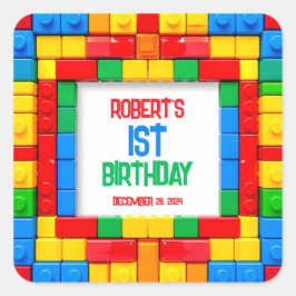 Pegatina Cuadrada Cumpleaños de Bloques de Construcción
