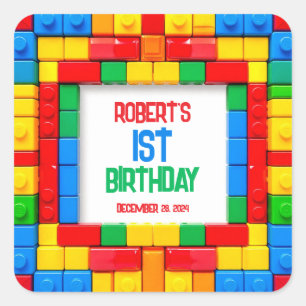 Pegatina Cuadrada Cumpleaños de Bloques de Construcción