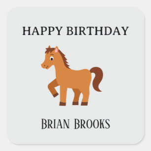 Pegatina Cuadrada Cumpleaños de caballo pequeño lindo con nombre per