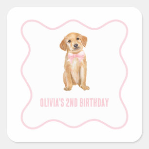 Pegatina Cuadrada Cumpleaños de cachorro con cuadros rosados preppy