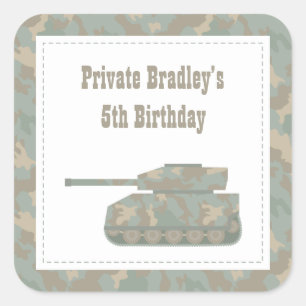 Pegatina Cuadrada Cumpleaños de Camuflaje Militar Tanque Ejército Fi
