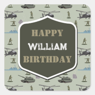 Pegatina Cuadrada Cumpleaños de camuflaje verde militar del ejército