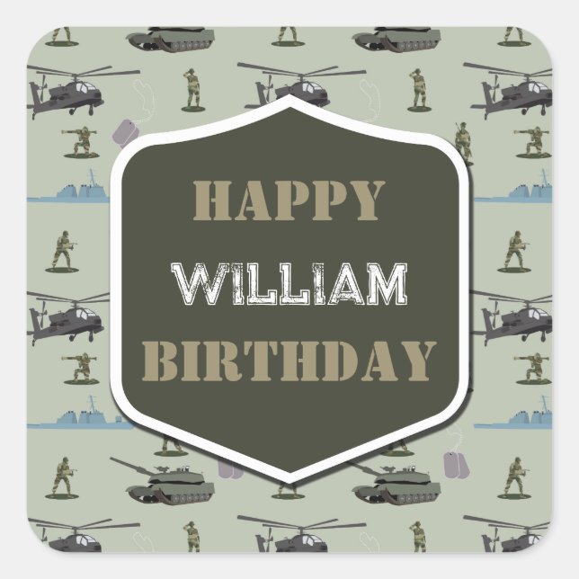 Pegatina Cuadrada Cumpleaños de camuflaje verde militar del ejército (Anverso)