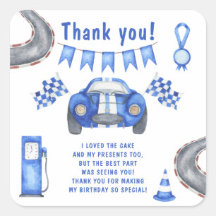 Pegatina Cuadrada Cumpleaños de carreras de autos Gracias