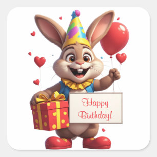 Pegatina Cuadrada Cumpleaños de conejito lindo con regalo y cartel �