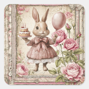 Pegatina Cuadrada Cumpleaños de conejito rosa dulce 