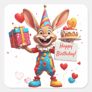Pegatina Cuadrada Cumpleaños de conejo feliz con caja de regalo 🥳