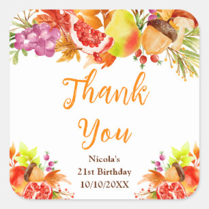 Pegatina Cuadrada Cumpleaños de cosecha de otoño gracias