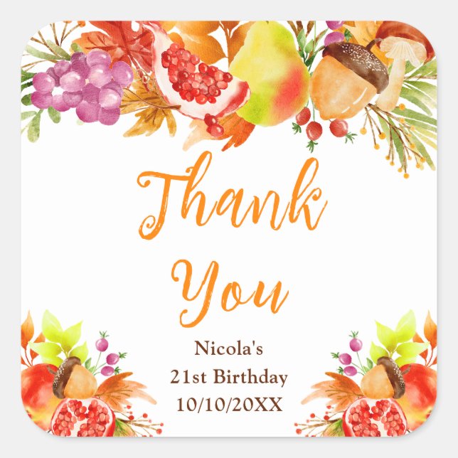 Pegatina Cuadrada Cumpleaños de cosecha de otoño gracias (Anverso)