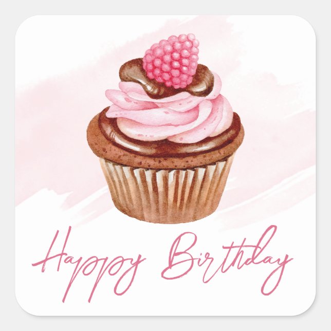 Pegatina Cuadrada Cumpleaños de Cupcake de Frambuesa y Chocolate con (Anverso)