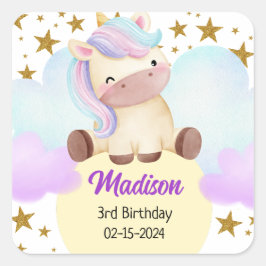 Pegatina Cuadrada Cumpleaños de Cute Unicorn y Gold Stars