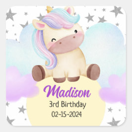 Pegatina Cuadrada Cumpleaños de Cute Unicorn y Silver Stars