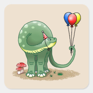 Pegatina Cuadrada Cumpleaños de dinosaurio con globos