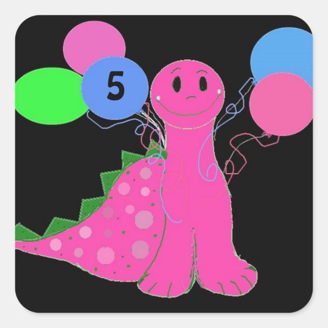 Pegatina Cuadrada Cumpleaños de Dinosaurio Rosa Personalizable Edad (Anverso)