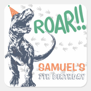 Pegatina Cuadrada Cumpleaños de Dinosaurio T-Rex con Sombrero de Fie