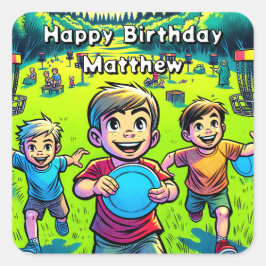 Pegatina Cuadrada Cumpleaños de Disk Golf Boy personalizado