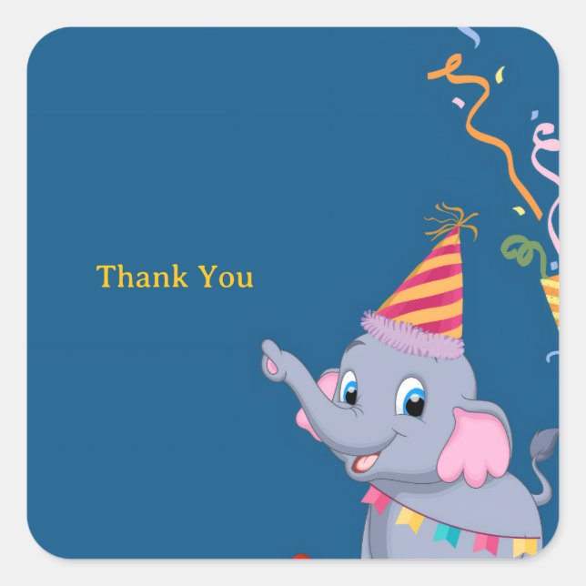 Pegatina Cuadrada Cumpleaños de Elefante Lindo (Anverso)