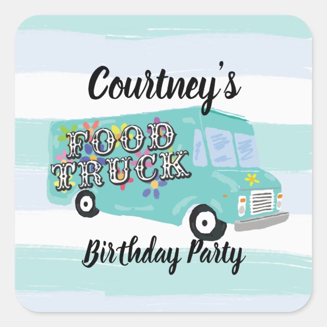 Pegatina Cuadrada Cumpleaños de Foodtruck Azul Teal Personalizado (Anverso)