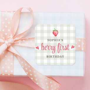 Pegatina Cuadrada Cumpleaños de Fresa Acuarela Primer Cumpleaños