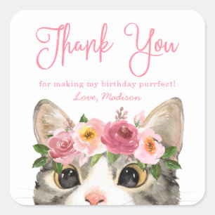 Pegatina Cuadrada Cumpleaños de gatito con acuarela dulce Agradecimi