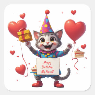 Pegatina Cuadrada Cumpleaños de gato lindo con regalo y letrero 🐱
