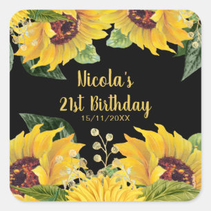 Pegatina Cuadrada Cumpleaños de girasoles y follaje elegantes