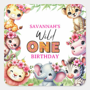 Pegatina Cuadrada Cumpleaños de Girl Wild One Jungle Safari 
