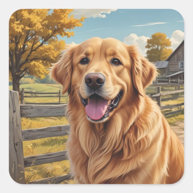 Pegatina Cuadrada Cumpleaños de Golden Retriever (Anverso)