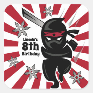 Pegatina Cuadrada Cumpleaños de Guerrero de Ninja Samurai Personaliz