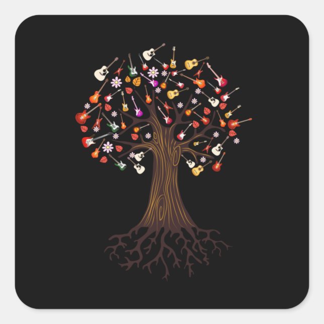 Pegatina Cuadrada Cumpleaños de Guitarista Árbol (Anverso)