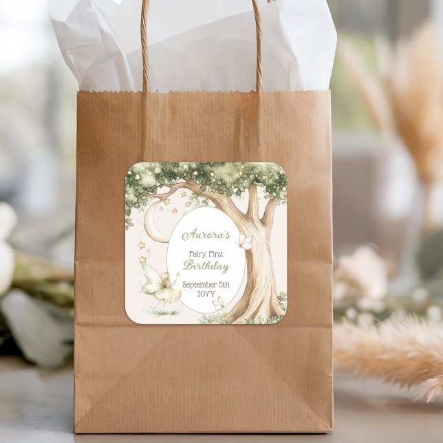 Pegatina Cuadrada Cumpleaños de hadas con acuarela del bosque boho (Subido por el creador)