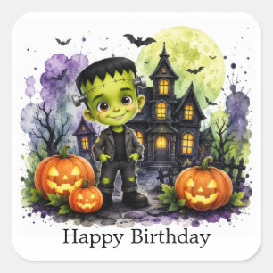 Pegatina Cuadrada Cumpleaños de Halloween del niño de Frankenstein l