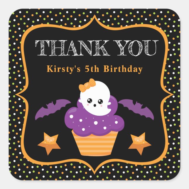 Pegatina Cuadrada Cumpleaños de Halloween Ghost Cupcake & Lunares (Anverso)