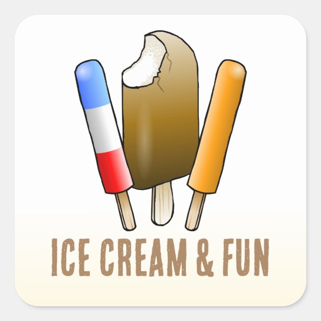 Pegatina Cuadrada Cumpleaños de Helado y Diversión (Anverso)
