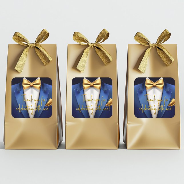 Pegatina Cuadrada Cumpleaños de hombre azul oro (Blue gold tuxedo favor bag  stickers. Add your text, logo, photo, etc., to personalize. 2 Sizes.)