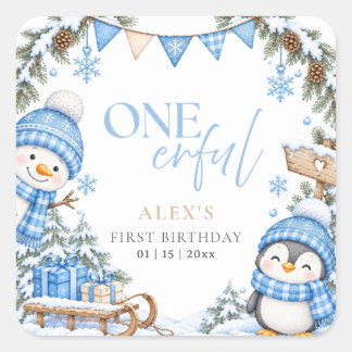 Pegatina Cuadrada Cumpleaños de invierno Onederland del primer cumpl