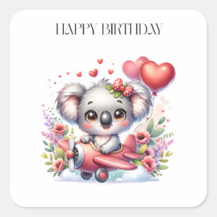 Pegatina Cuadrada Cumpleaños de Koala Volador
