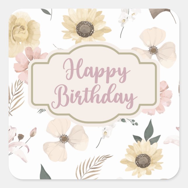 Pegatina Cuadrada Cumpleaños de la acuarela floral moderna (Anverso)