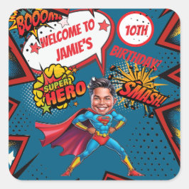 Pegatina Cuadrada Cumpleaños de la Caricatura de Superhéroes