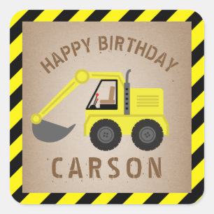 Pegatina Cuadrada Cumpleaños de la construcción de la excavadora
