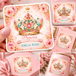 Pegatina Cuadrada Cumpleaños de la Corona de la Princesa